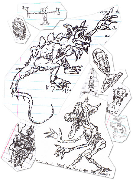 Humor, Horror, and Heavy Metal: More monster dudes, a scary carrot creature, possibly Gandhi, and some puking fellow.