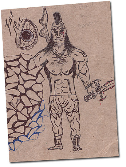 Humor, Horror, and Heavy Metal: This is a REALLY bad barbarian who is smoking a smoke in some gay-ass looking shorts, while wielding a sword, wearing your everyday Anarchy necklace (found in all of the finest jewelry stores), and a mohawk not even an Apache raiding party would love. Add the big "Eat Me" eyeball and the weird rock patterns that look oddly like Ronald Reagan in a bad mood and you have a beautiful snapshot of my Heavy Metal Highschool memories.