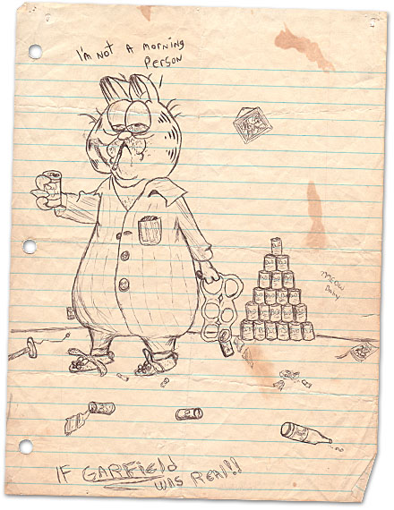 Humor, Horror, and Heavy Metal: If Jim Davis' Garfield the Cat were REAL, he would look like THIS. Screw the lasagna. He would be an alcholic for sure. Meow baby, he's not a Morning Person indeed.