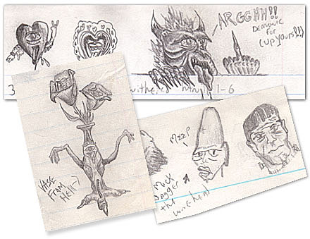 Humor, Horror, and Heavy Metal: Demonic Doodles. Mick Jagger the Conehead and Frankenstein. Have a Heart: A DEMON heart. Vase for HELL!!!
